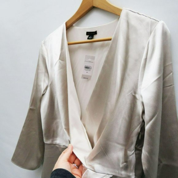 Ann Taylor Silver Ivory Wrap Blouse, Size Medium - Picture 13 of 13